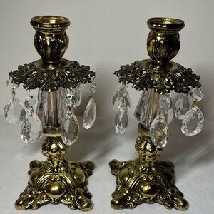 Vintage Hollywood Regency Brass Glass Prism Candlestick Candle Holders Set Of 2